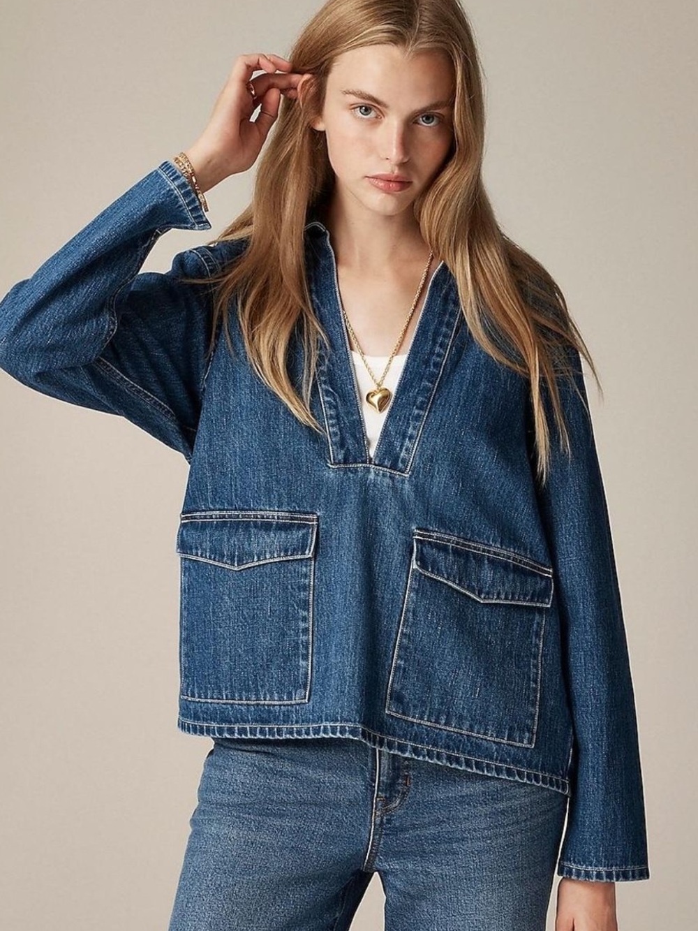NWOT J.Crew Blue Denim Popover Shirt with Patch Pockets
